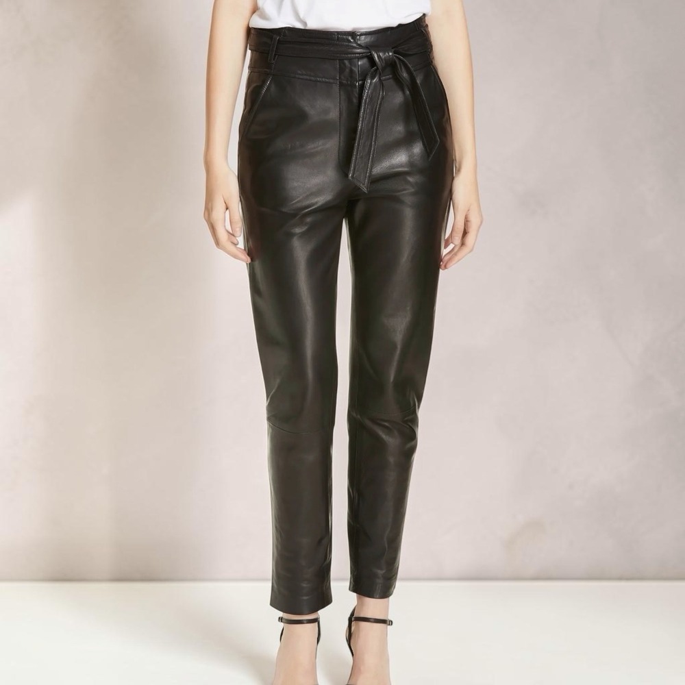 Veronica Beard Faxon Lamb Leather Belted Pants Black Size 12